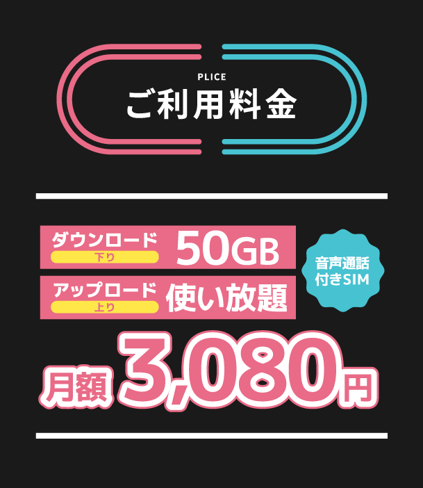 ゆるモ！ご利用料金 音声通話付きSIM、ダウンロー後下り50GB、アップロード上り使い放題、月額3,080円